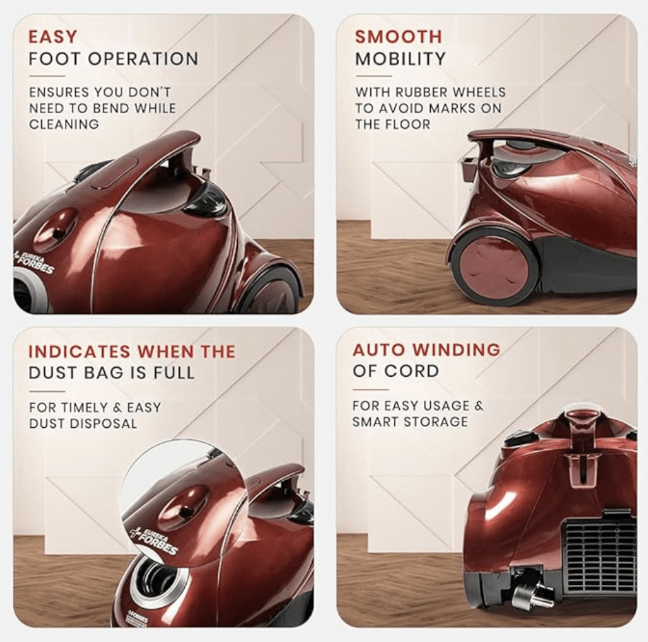 Eureka Forbes Quick Clean DX Vacuum Cleaner with 1200 Watts Powerful Suction Control, 3 Free Reusable dust Bag worth Rs 500, comes with multiple accessories, dust bag full indicator (Red), standerd