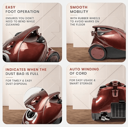 Eureka Forbes Quick Clean DX Vacuum Cleaner with 1200 Watts Powerful Suction Control, 3 Free Reusable dust Bag worth Rs 500, comes with multiple accessories, dust bag full indicator (Red), standerd