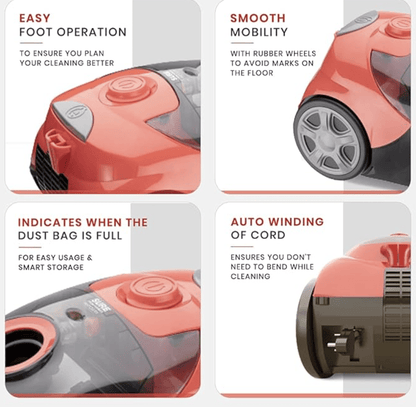 Eureka Forbes Fast Clean 1150 Watts Powerful Suction Vacuum Cleaner with Reusable dust Bag & 5 Accessories,Compact,1 Year Warranty,Light Weight & Easy to use (Red & Black)