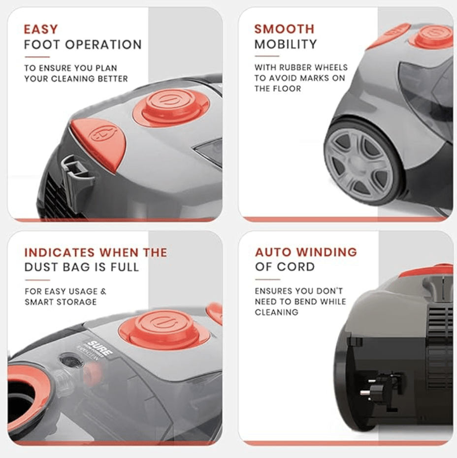 Eureka Forbes Rapid Clean 1150 Watts Powerful Suction Vacuum Cleaner with Reusable dust Bag & 5 Accessories,1 Year Warranty,Compact,Light Weight & Easy to use (Red & Black)