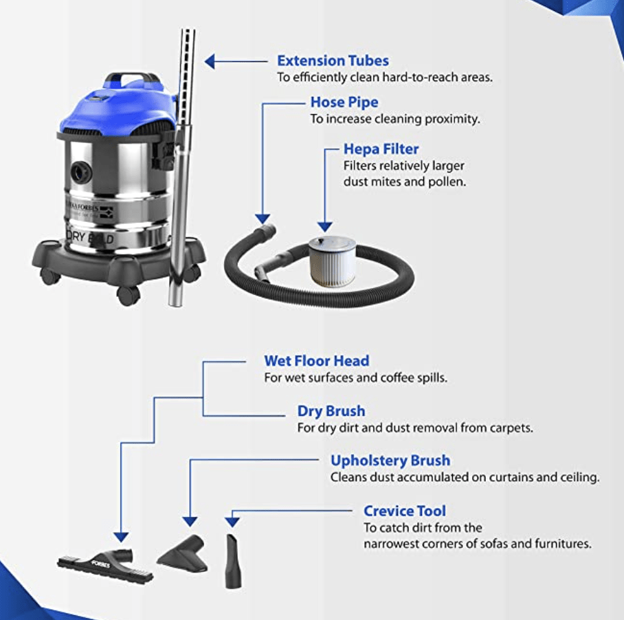 Eureka Forbes Wet & Dry Bold 1400 Watts Multipurpose Vacuum Cleaner,Power Suction & Blower with 20 litres Tank Capacity,6 Accessories,1 Year Warranty,Compact,Light Weight & Easy to use (Blue)