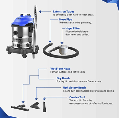 Eureka Forbes Wet & Dry Bold 1400 Watts Multipurpose Vacuum Cleaner,Power Suction & Blower with 20 litres Tank Capacity,6 Accessories,1 Year Warranty,Compact,Light Weight & Easy to use (Blue)