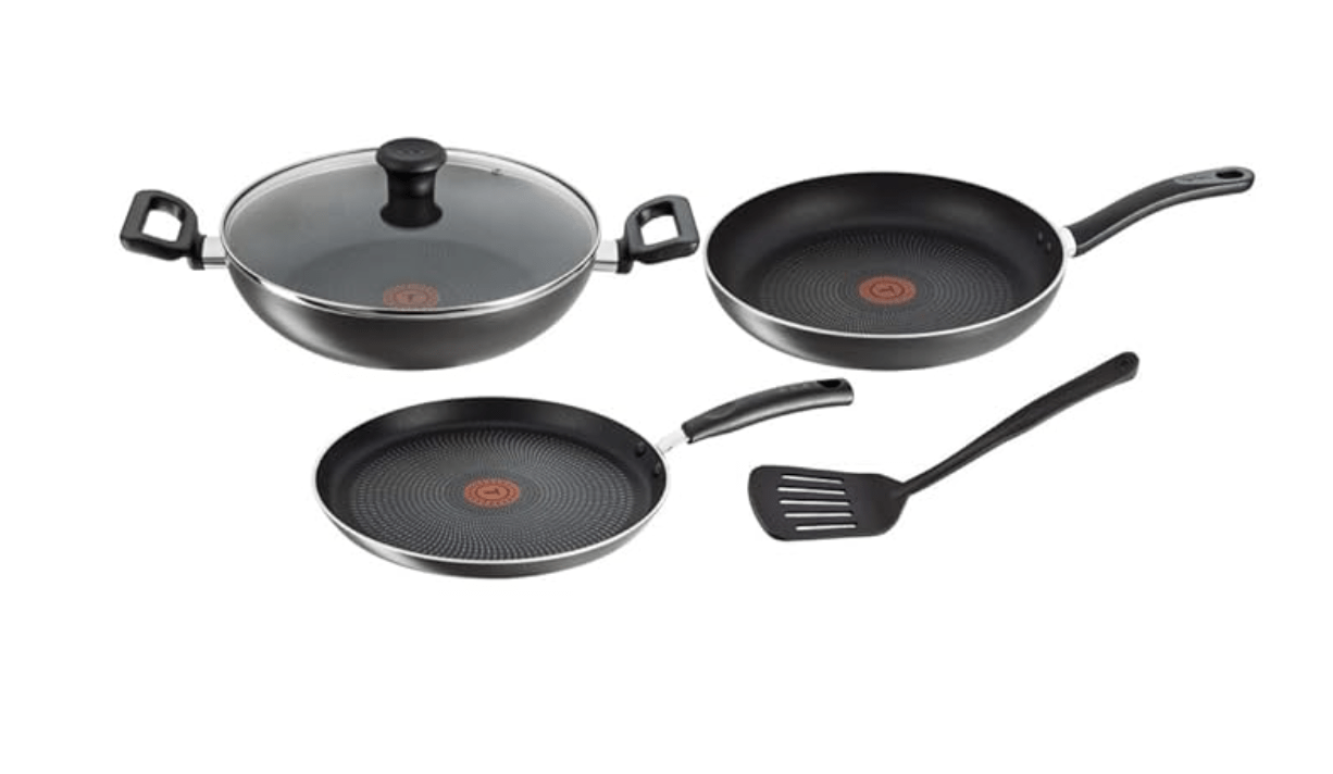 Tefal Delicia Powerglide Non-Stick Tawa 26 cm, Kadhai 24 cm, Fry 24 cm with Lid, Spatula (Pack of 4, Black), Standard, (B154S584)