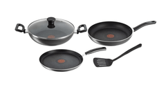 Tefal Delicia Powerglide Non-Stick Tawa 26 cm, Kadhai 24 cm, Fry 24 cm with Lid, Spatula (Pack of 4, Black), Standard, (B154S584)-1