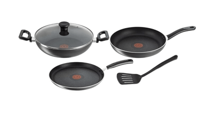 Tefal Delicia Powerglide Non-Stick Tawa 26 cm, Kadhai 24 cm, Fry 24 cm with Lid, Spatula (Pack of 4, Black), Standard, (B154S584)