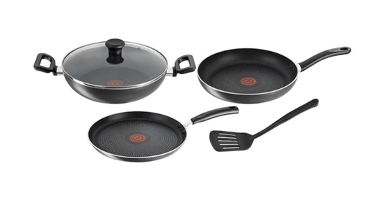 Tefal Delicia Powerglide Non-Stick Tawa 26 cm, Kadhai 24 cm, Fry 24 cm with Lid, Spatula (Pack of 4, Black), Standard, (B154S584)