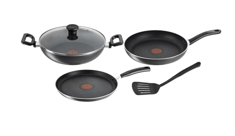 Tefal Delicia Powerglide Non-Stick Tawa 26 cm, Kadhai 24 cm, Fry 24 cm with Lid, Spatula (Pack of 4, Black), Standard, (B154S584)-1