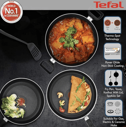Tefal Delicia Powerglide Non-Stick Tawa 26 cm, Kadhai 24 cm, Fry 24 cm with Lid, Spatula (Pack of 4, Black), Standard, (B154S584)