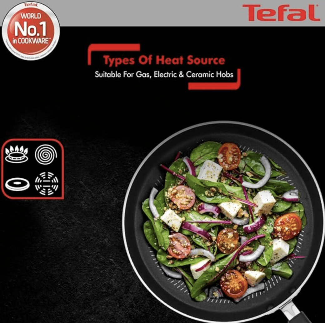 Tefal Delicia Powerglide Non-Stick Tawa 26 cm, Kadhai 24 cm, Fry 24 cm with Lid, Spatula (Pack of 4, Black), Standard, (B154S584)