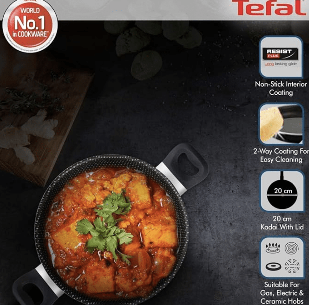 Tefal Simply Chef Aluminium Non-Stick Kadhai with Lid (24cm, Rio Red)