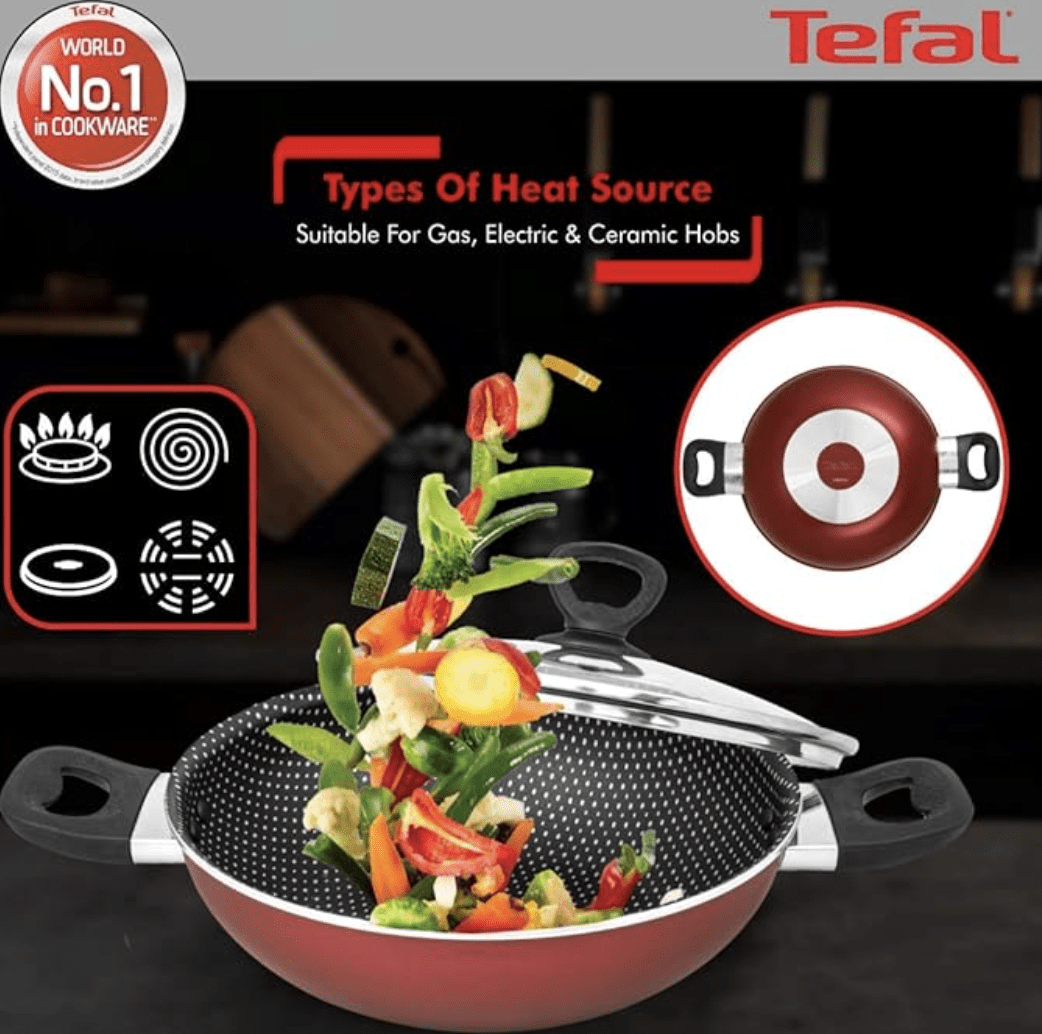 Tefal Aluminium Simply Chef Non-Stick Kadhai with Lid (20cm, Rio Red)