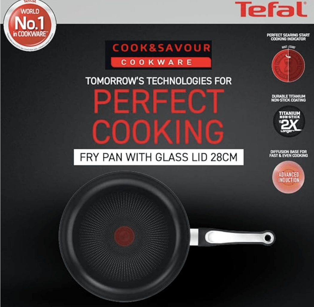 Tefal Cook & Savour Non-Stick Fry Pan with Glass Lid, Smart Thermo Signal Temperature Indicator Technology - (Black) (28 Cm)