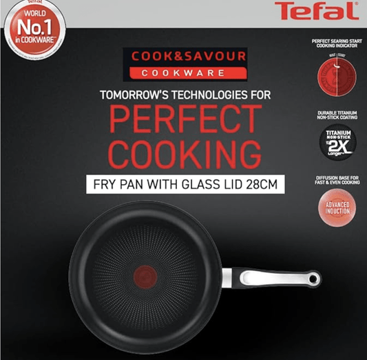 Tefal Cook & Savour Non-Stick Fry Pan with Glass Lid, Smart Thermo Signal Temperature Indicator Technology - (Black) (28 Cm)