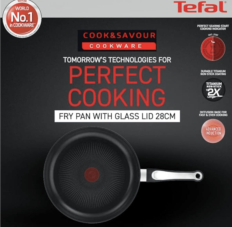 Tefal Cook & Savour Non-Stick Fry Pan with Glass Lid, Smart Thermo Signal Temperature Indicator Technology - (Black) (24 Cm)-2