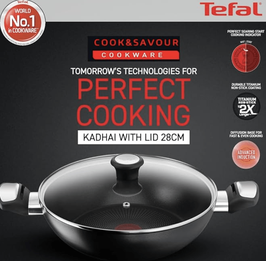 Tefal Cook & Savour Non-Stick Kadhai with Lid, Smart Thermo Signal Temperature Indicator Technology - (Black) (28 Cm)