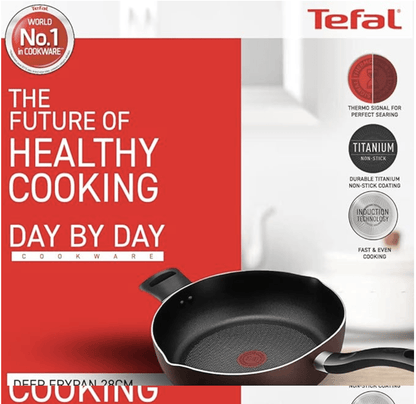 Tefal Day by Day Non Stick Deep Frypan, Smart Thermo Signal Temperature Indicator Technology, Titanium Coating, Black, DDDP-28,Day by Day/DDDP-28