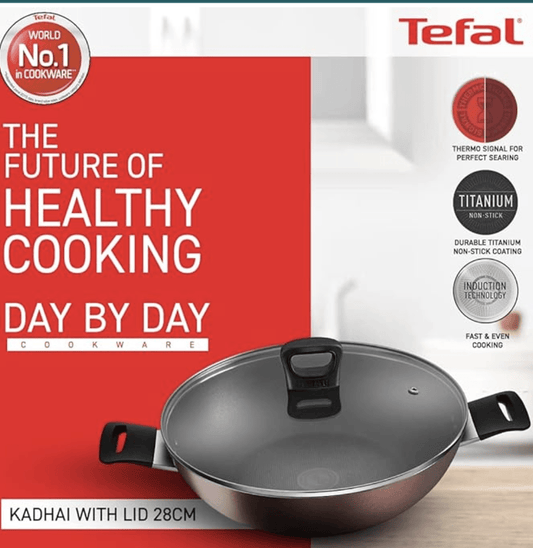 Tefal Day by Day Non Stick Kadai, Smart Thermo Signal Temperature Indicator Technology, Titanium Coating, Black, DDKA-28