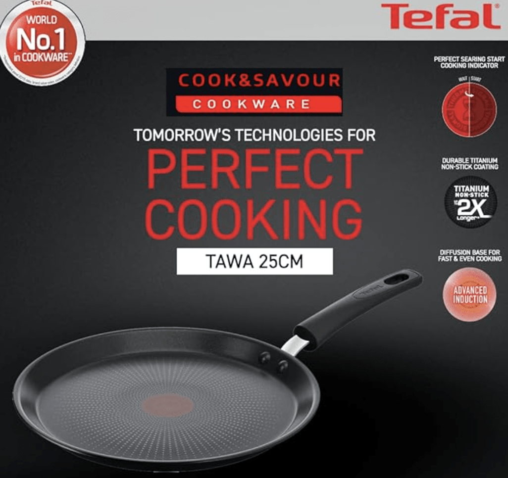 Tefal Cook & Savour Non-Stick Tawa, Smart Thermo Signal Temperature Indicator Technology - (Black) (25 Cm)