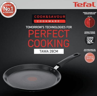 Tefal Cook & Savour Non-Stick Tawa, Smart Thermo Signal Temperature Indicator Technology - (Black) (28 Cm)
