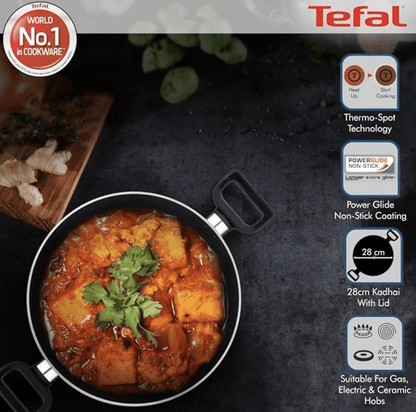 Tefal Delicia Powerglide Non-Stick 28 cm Kadhai with Lid (Black), (B1549884)