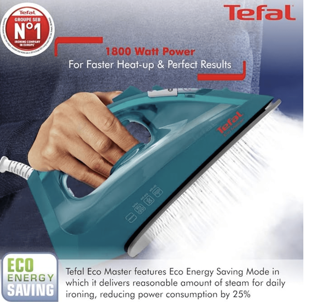 Tefal Eco Master Electric 1800 Watt Iron II Non-Stick SoleplateII 25% Energy Saving II Steam Output of up to 24 g/min IIAnti-Drip FeatureII 200 ml Tank 2 Year Warranty