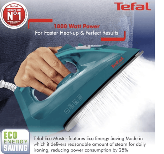 Tefal Eco Master Electric 1800 Watt Iron II Non-Stick SoleplateII 25% Energy Saving II Steam Output of up to 24 g/min IIAnti-Drip FeatureII 200 ml Tank 2 Year Warranty