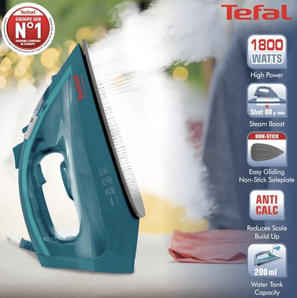 Tefal Eco Master Electric 1800 Watt Iron II Non-Stick SoleplateII 25% Energy Saving II Steam Output of up to 24 g/min IIAnti-Drip FeatureII 200 ml Tank 2 Year Warranty