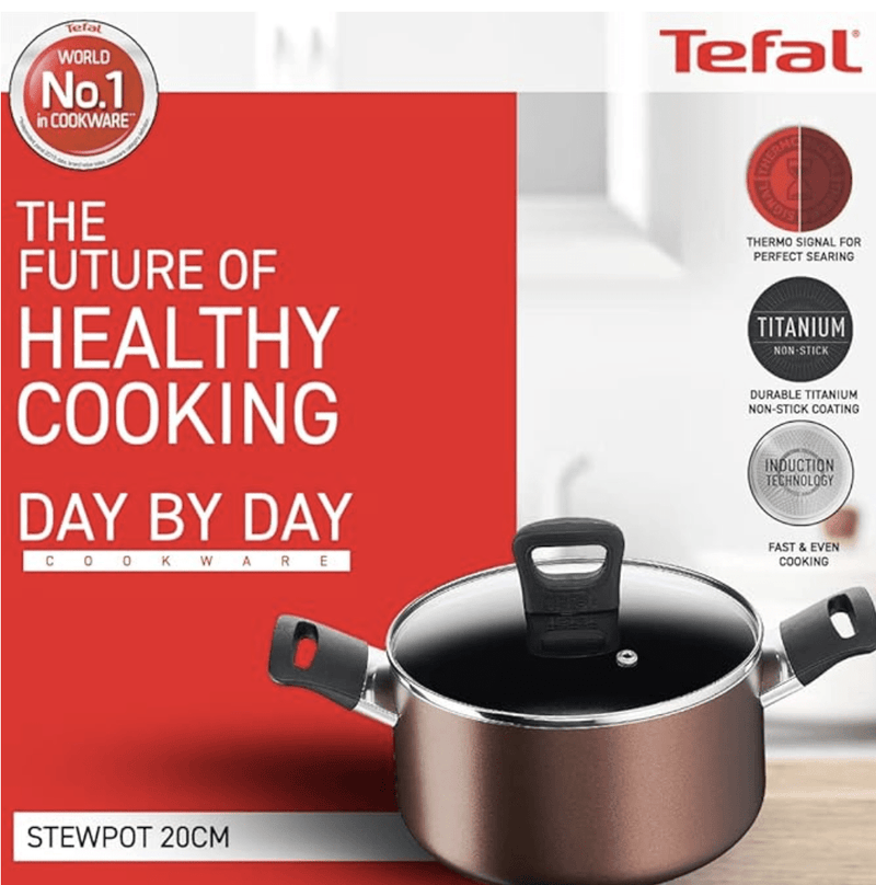 Tefal Day by Day Non Stick Stewpot, Smart Thermo Signal Temperature Indicator Technology, Titanium Coating, Black, DDST-20,Brown,Day by Day/DDST-20-2