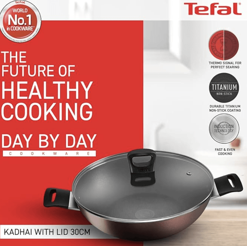 Tefal Day by Day Non Stick Kadai, Smart Thermo Signal Temperature Indicator Technology, Titanium Coating, Black, DDKA-30-1