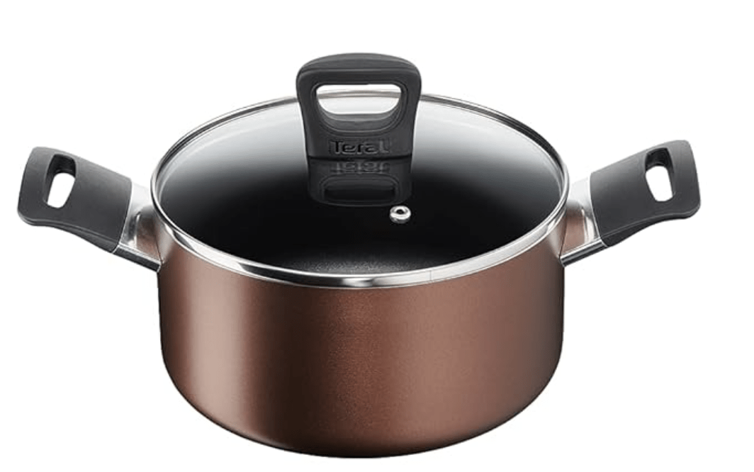 Tefal Super Cook Plus Non Stick Stew Pot, Stainless Steel with Lid, 20CM (Brown) with Elevated Handle Design, Powerglide Non-Stick, Smart Straining See Through Lid