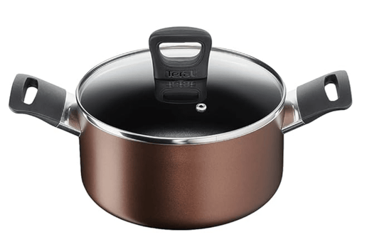 Tefal Super Cook Plus Non Stick Stew Pot, Stainless Steel with Lid, 20CM (Brown) with Elevated Handle Design, Powerglide Non-Stick, Smart Straining See Through Lid