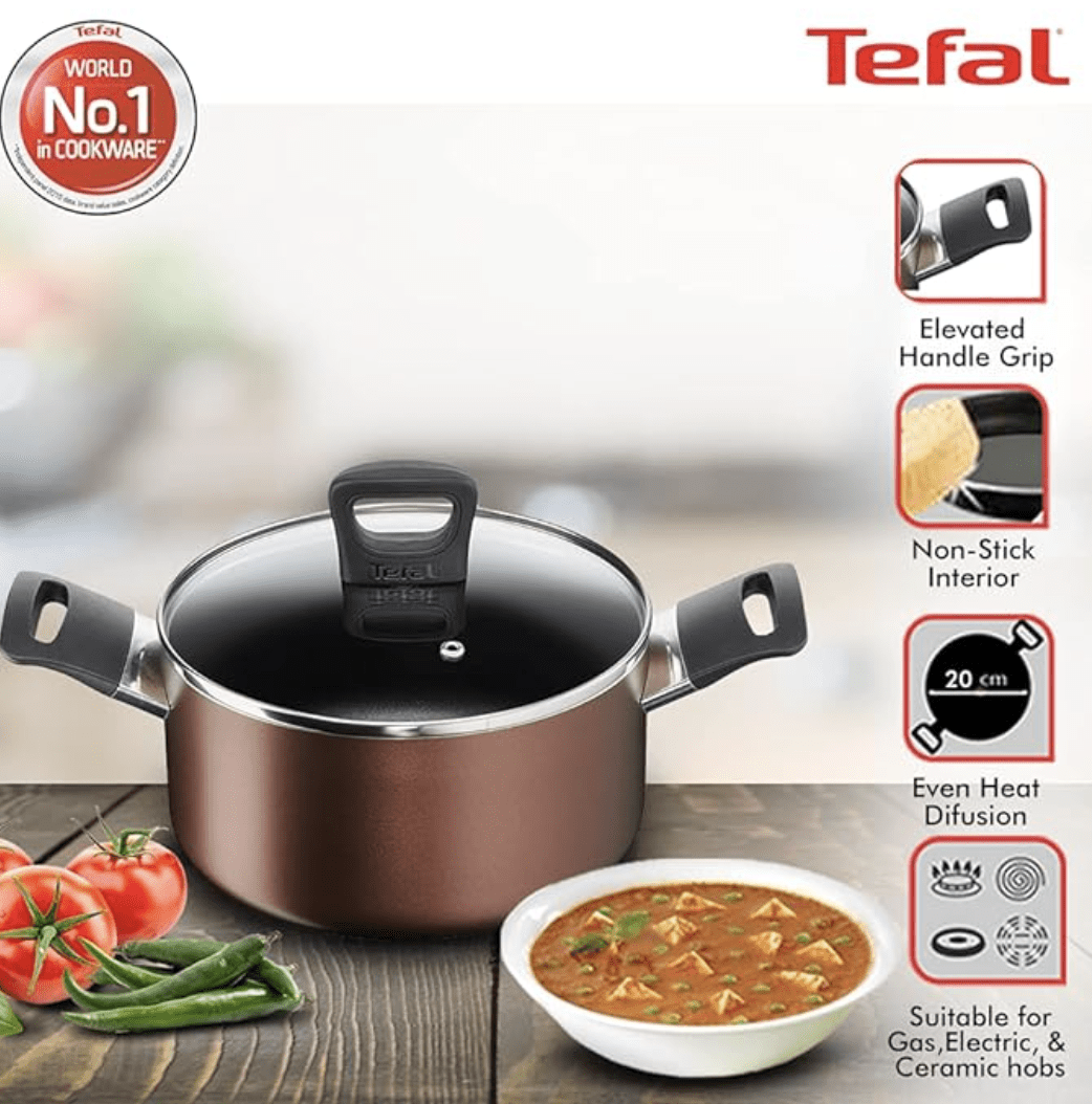 Tefal Super Cook Plus Non Stick Stew Pot, Stainless Steel with Lid, 20CM (Brown) with Elevated Handle Design, Powerglide Non-Stick, Smart Straining See Through Lid