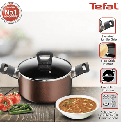 Tefal Super Cook Plus Non Stick Stew Pot, Stainless Steel with Lid, 20CM (Brown) with Elevated Handle Design, Powerglide Non-Stick, Smart Straining See Through Lid