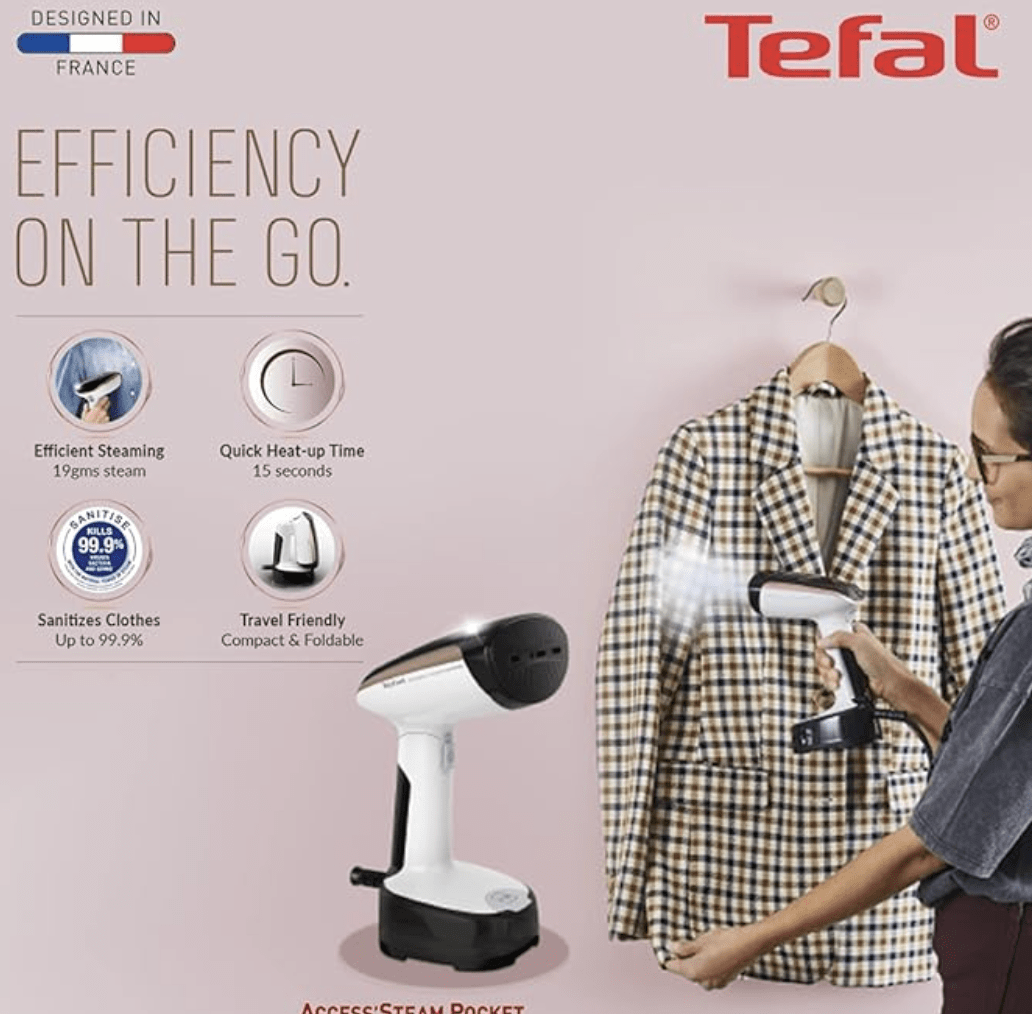 Tefal Access Electric Steam Iron Pocket 1300 watt, 120 ml water Tank II Foldable and Compact Travel Garment Steamer, Lightweight Design Easy to use, DT303001,19g/min