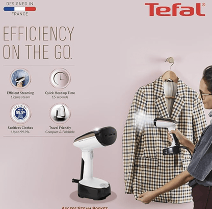 Tefal Access Electric Steam Iron Pocket 1300 watt, 120 ml water Tank II Foldable and Compact Travel Garment Steamer, Lightweight Design Easy to use, DT303001,19g/min