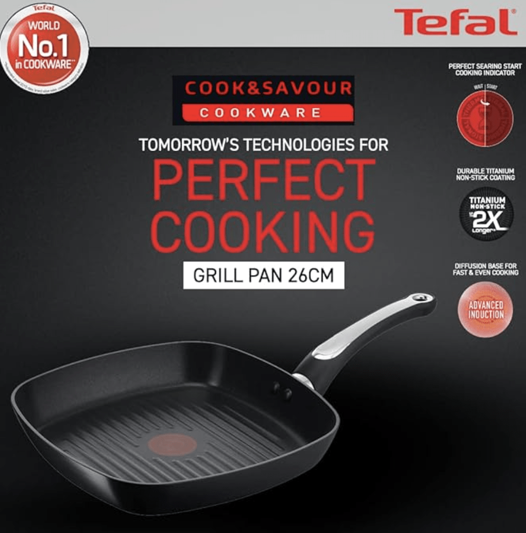 Tefal Cook & Savour 26cm x 26cm Non-Stick Grill Pan, Smart Thermo Signal Temperature Indicator Technology - CSGP-26 (Black)