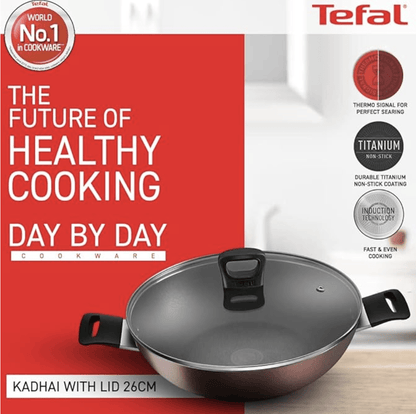 Tefal Day by Day Non Stick Kadai, Smart Thermo Signal Temperature Indicator Technology, Titanium Coating, Black, DDKA-26