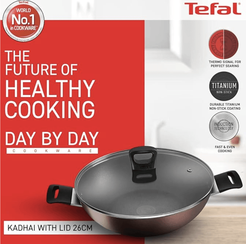 Tefal Day by Day Non Stick Kadai, Smart Thermo Signal Temperature Indicator Technology, Titanium Coating, Black, DDKA-26-3