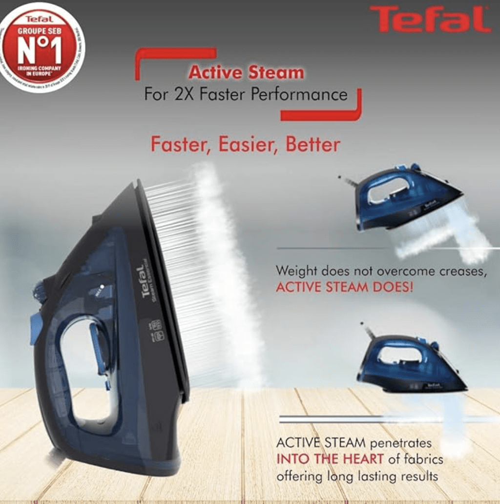 Tefal Electric Steam Iron Essential 1200 Watt II Steam & Dry Position Iron II 2 Year Warranty II 150 ml Tank || linished Non Stick Soleplate up to 10 g/min of Steam