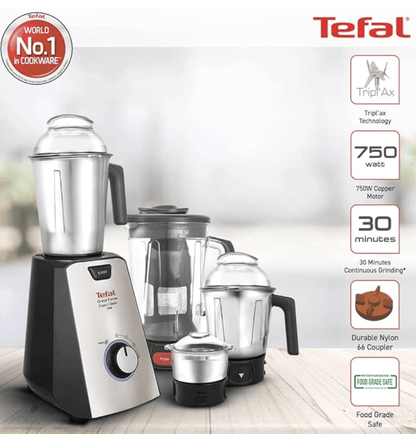 Tefal Grindforce Easyclean 750-Watt Mixer Grinder with 3 Stainless Steel Jars + Blender