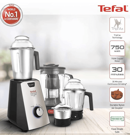 Tefal Grindforce Easyclean 750-Watt Mixer Grinder with 3 Stainless Steel Jars + Blender