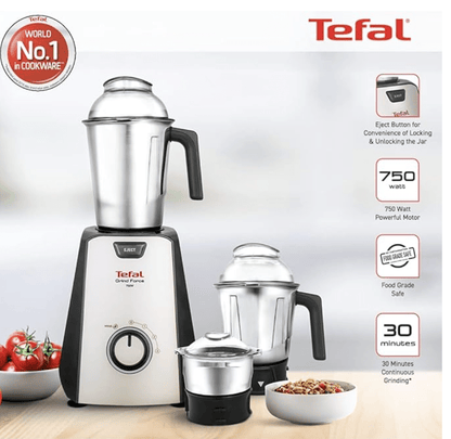 Tefal Grindforce 750-Watt Mixer Grinder with 3 Jars (Black/Silver)