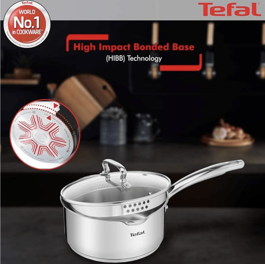 Tefal Duetto Plus Stainless Steel Sauce Pan 16 cm with Glass Lid, Silver