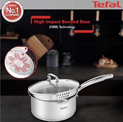 Tefal Duetto Plus Stainless Steel Sauce Pan 16 cm with Glass Lid, Silver