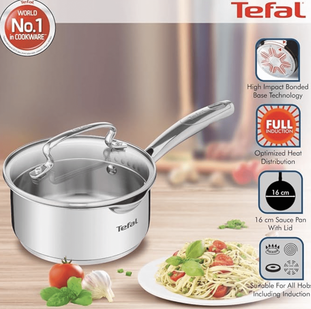 Tefal Duetto Plus Stainless Steel Sauce Pan 16 cm with Glass Lid, Silver
