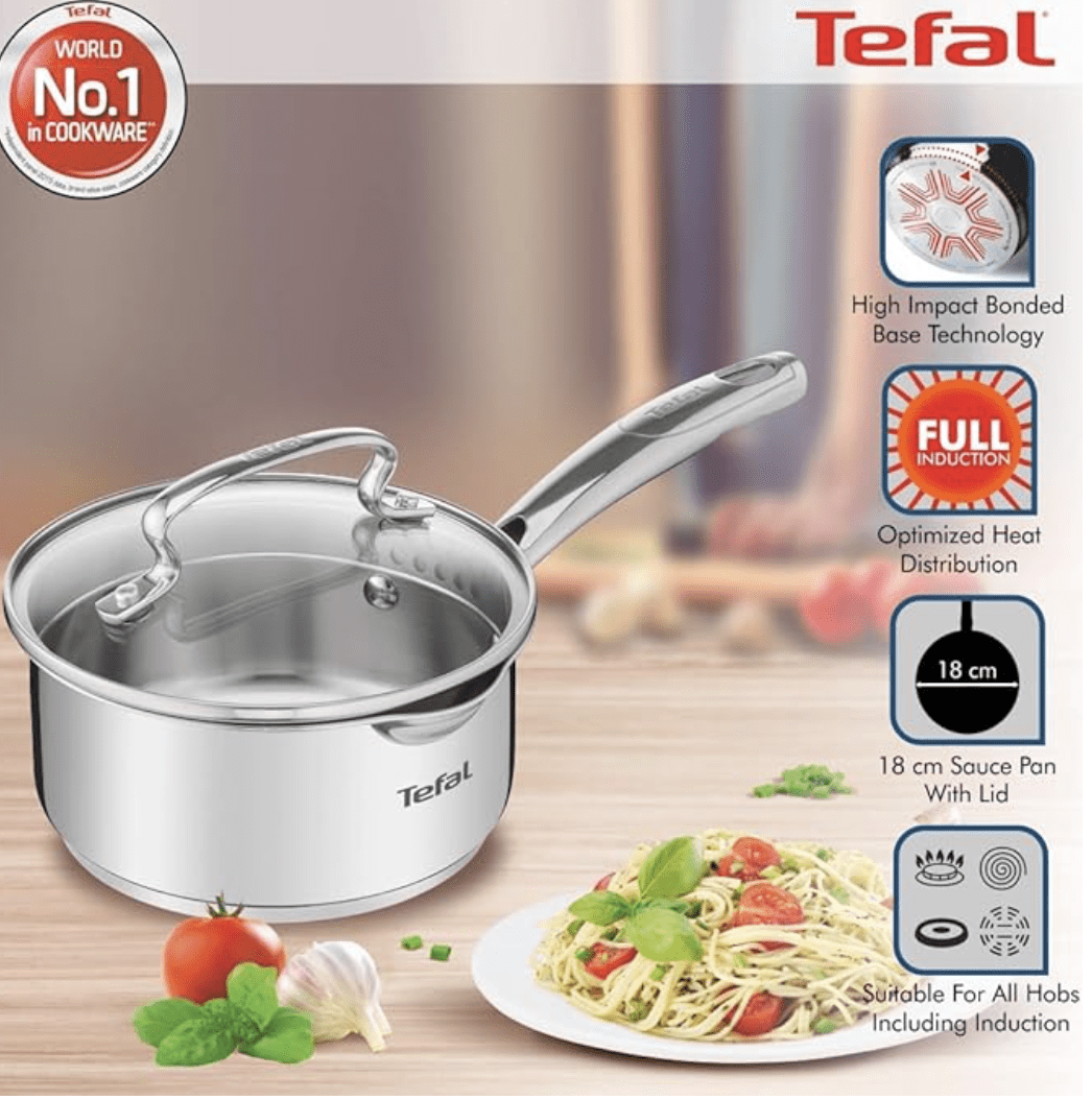 Tefal Duetto Plus Stainless Steel Sauce Pan 18 cm with Glass Lid, Silver