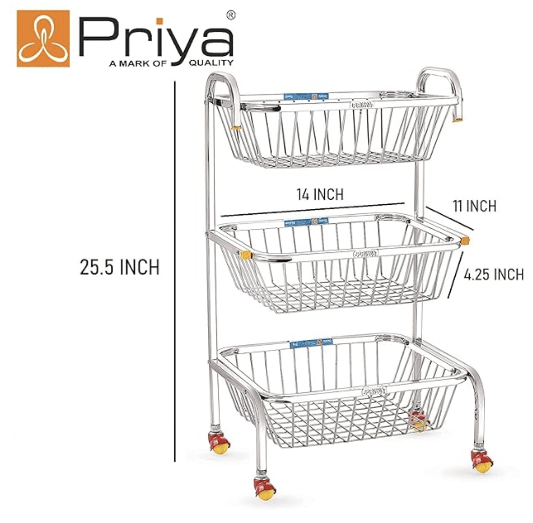 Priya Unique Stainless Steel Delsi Fruit, Vegetable Trolley Silver