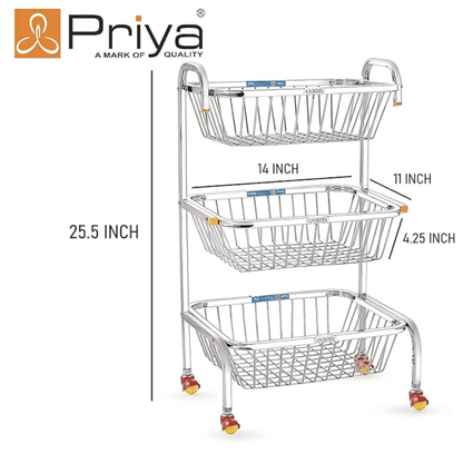 Priya Unique Stainless Steel Delsi Fruit, Vegetable Trolley Silver
