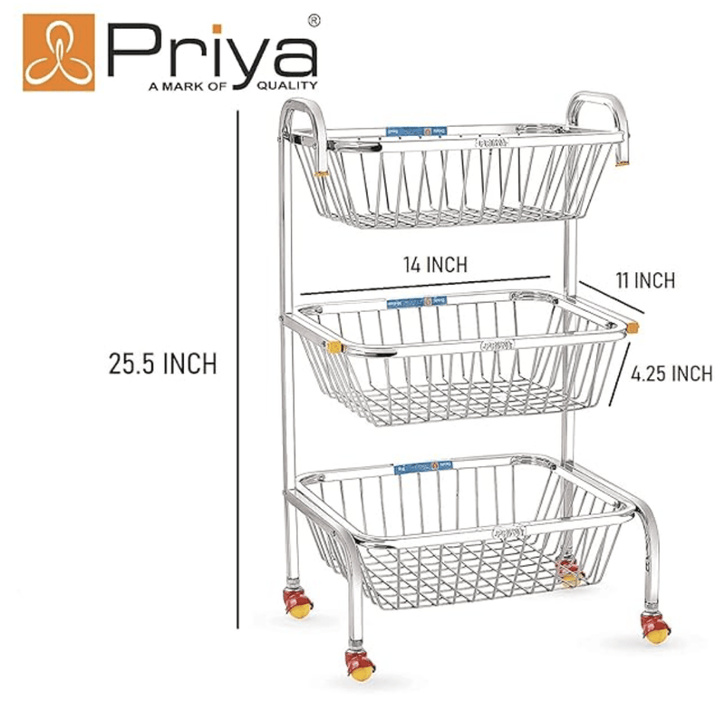Priya Unique Stainless Steel Delsi Fruit, Vegetable Trolley Silver-2