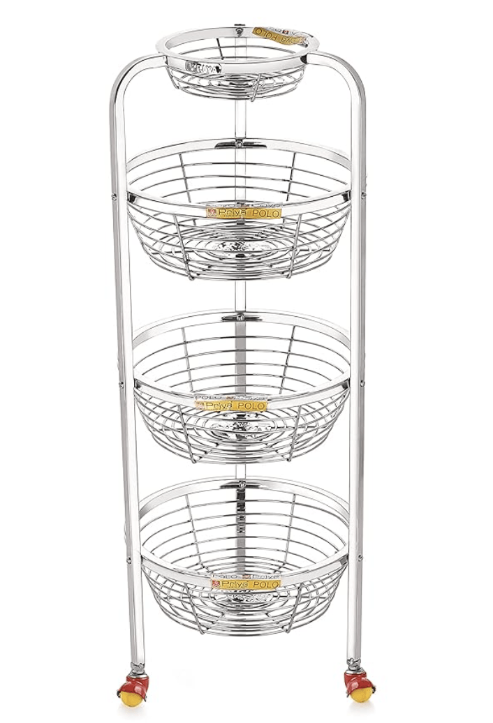 Priya Stainless Steel 3 Layer Polo Shaped Fruit and Vegetable Stand/Basket/Trolley Modern Kitchen Storage Rack (White, Standard - Basket Diameter -11 inch, Height - 4inch)